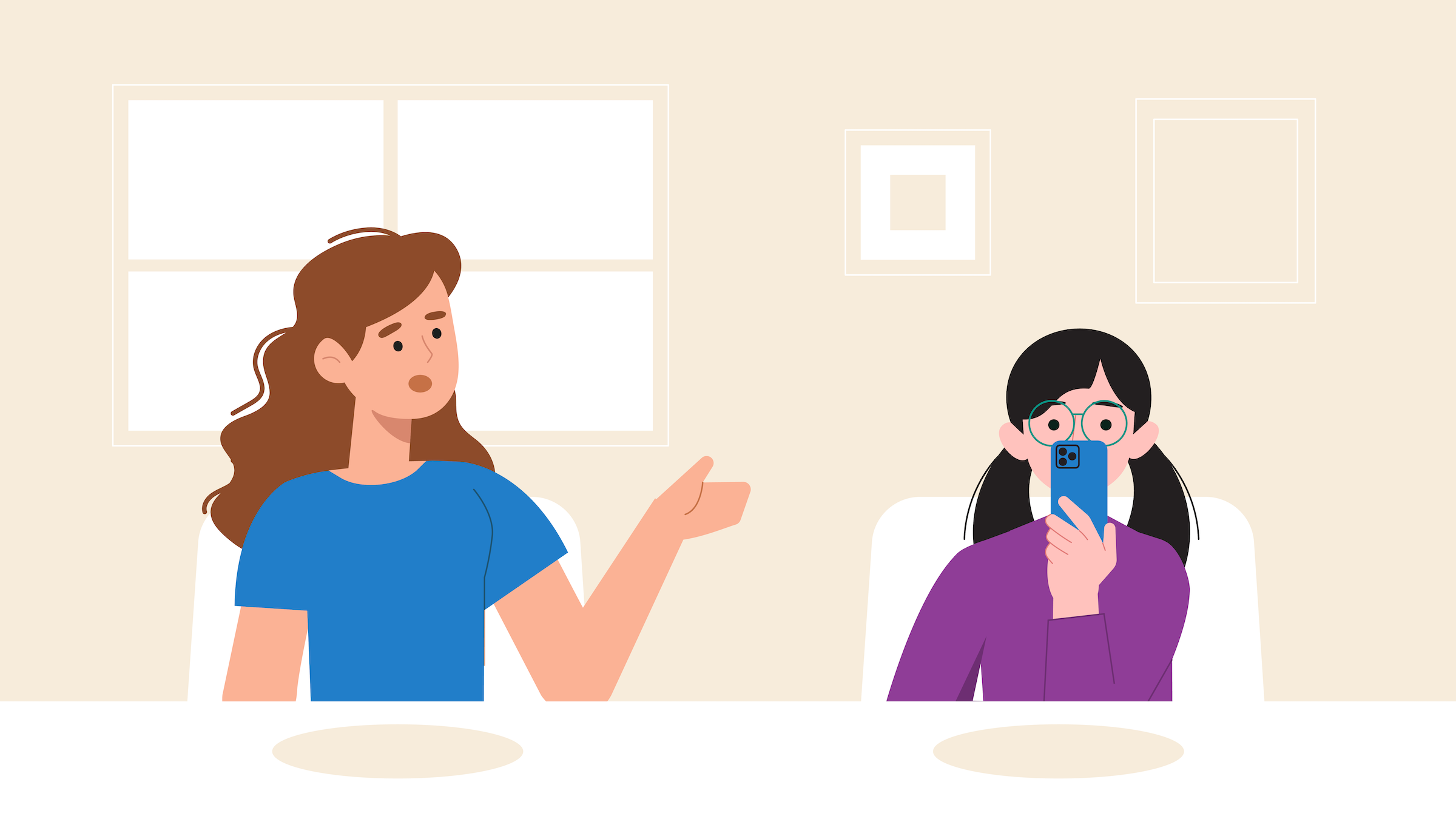 Illustrated scene of a parent talking with a child while the child is using a smartphone