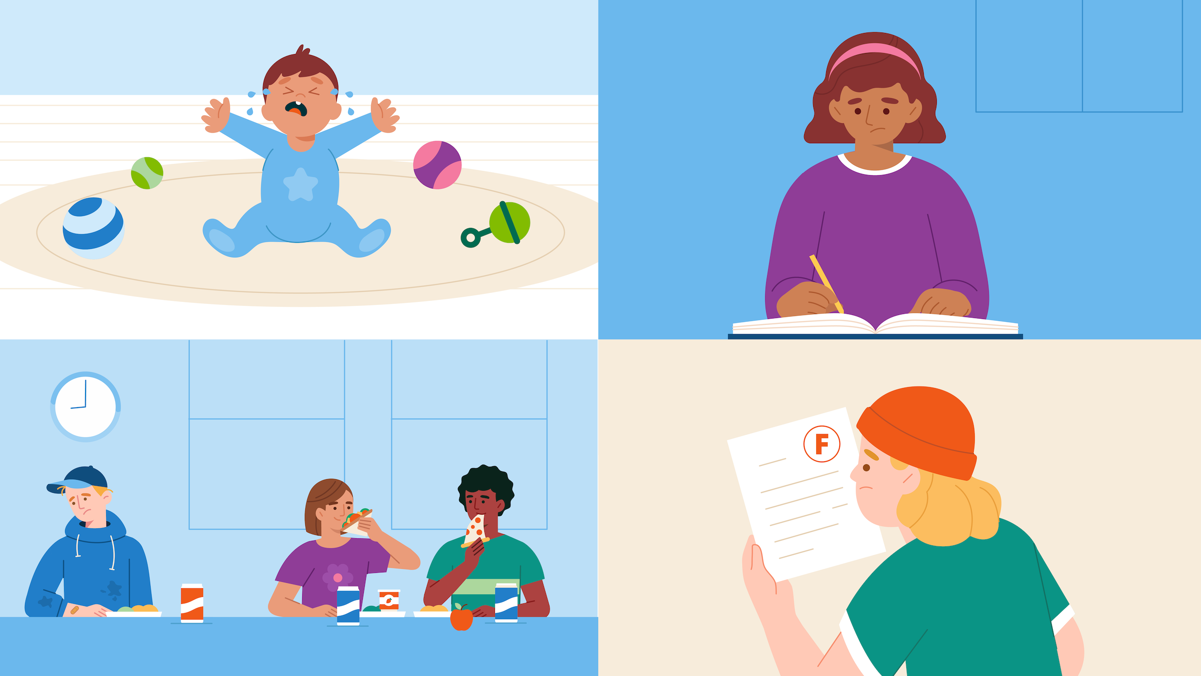 Illustrated collage of four children in different situations looking distressed or exhibiting concerning behavior