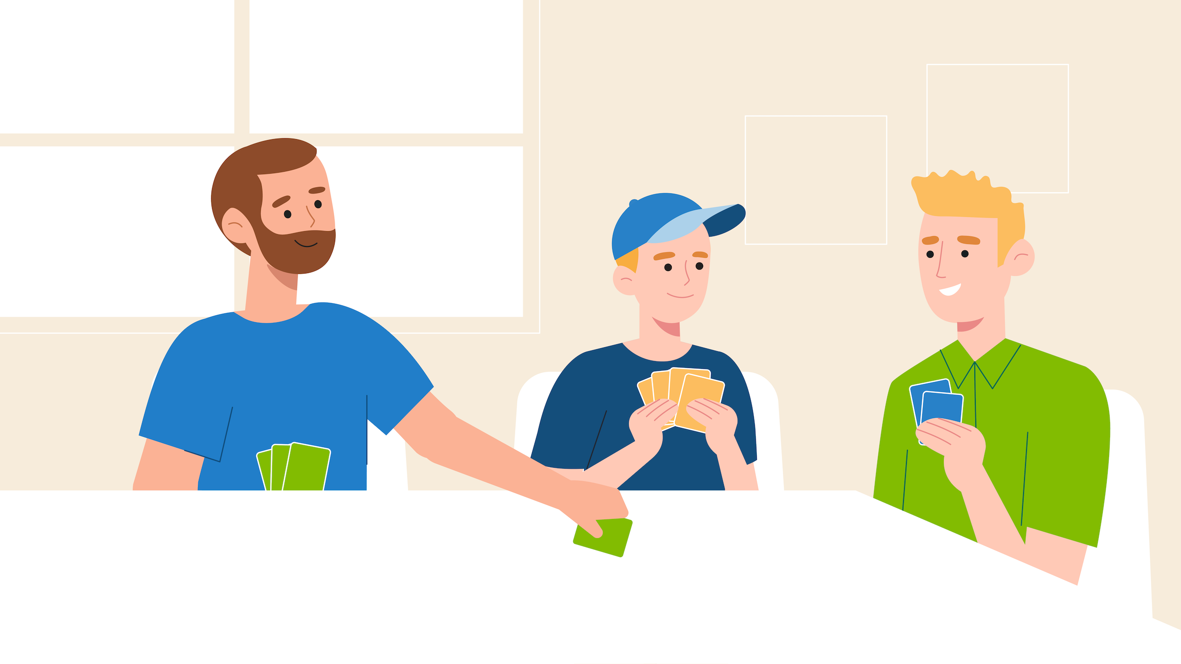 Illustrated scene of a parent playing a card game with two teens