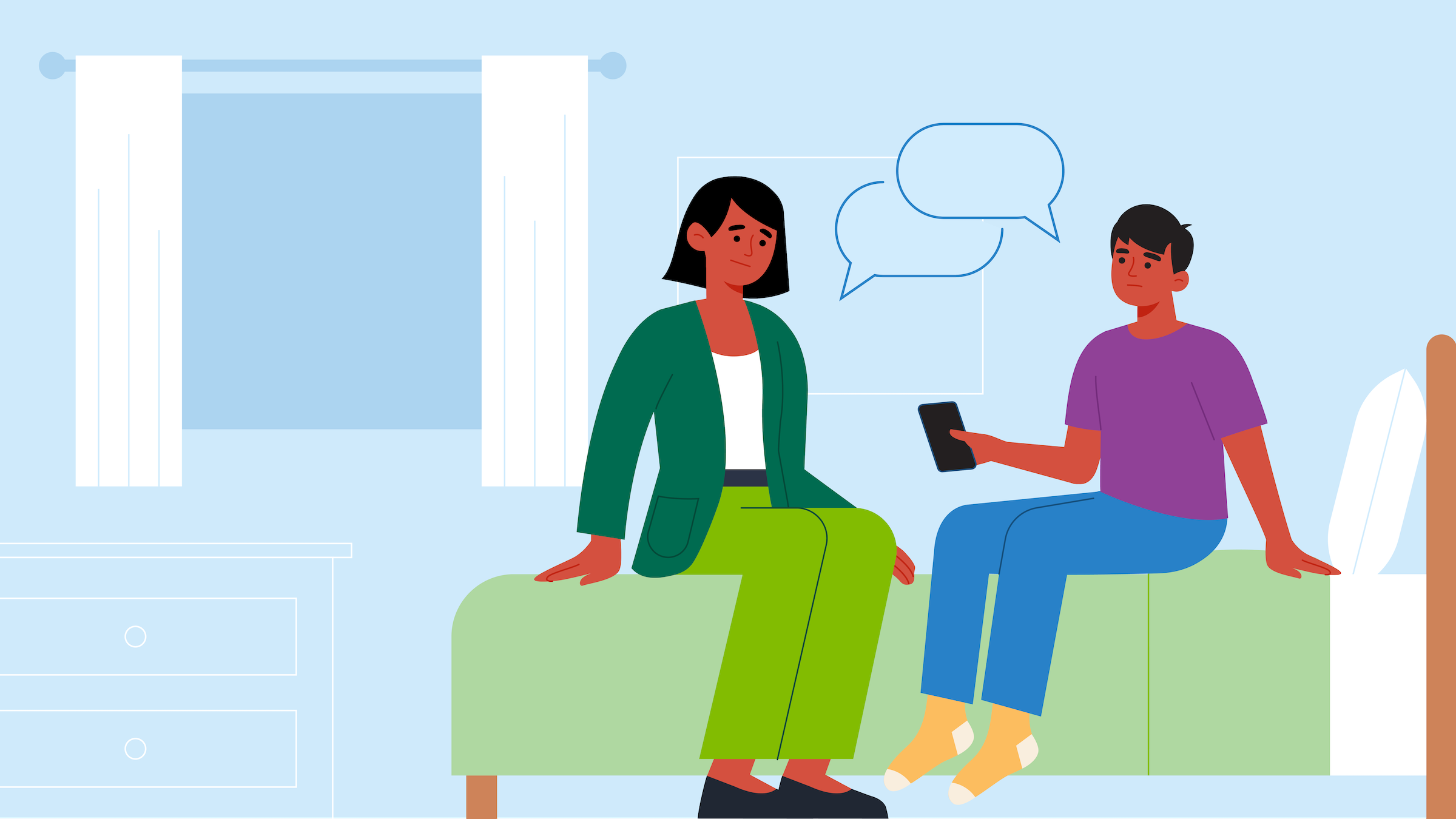 Illustrated scene of a parent and child having a conversation