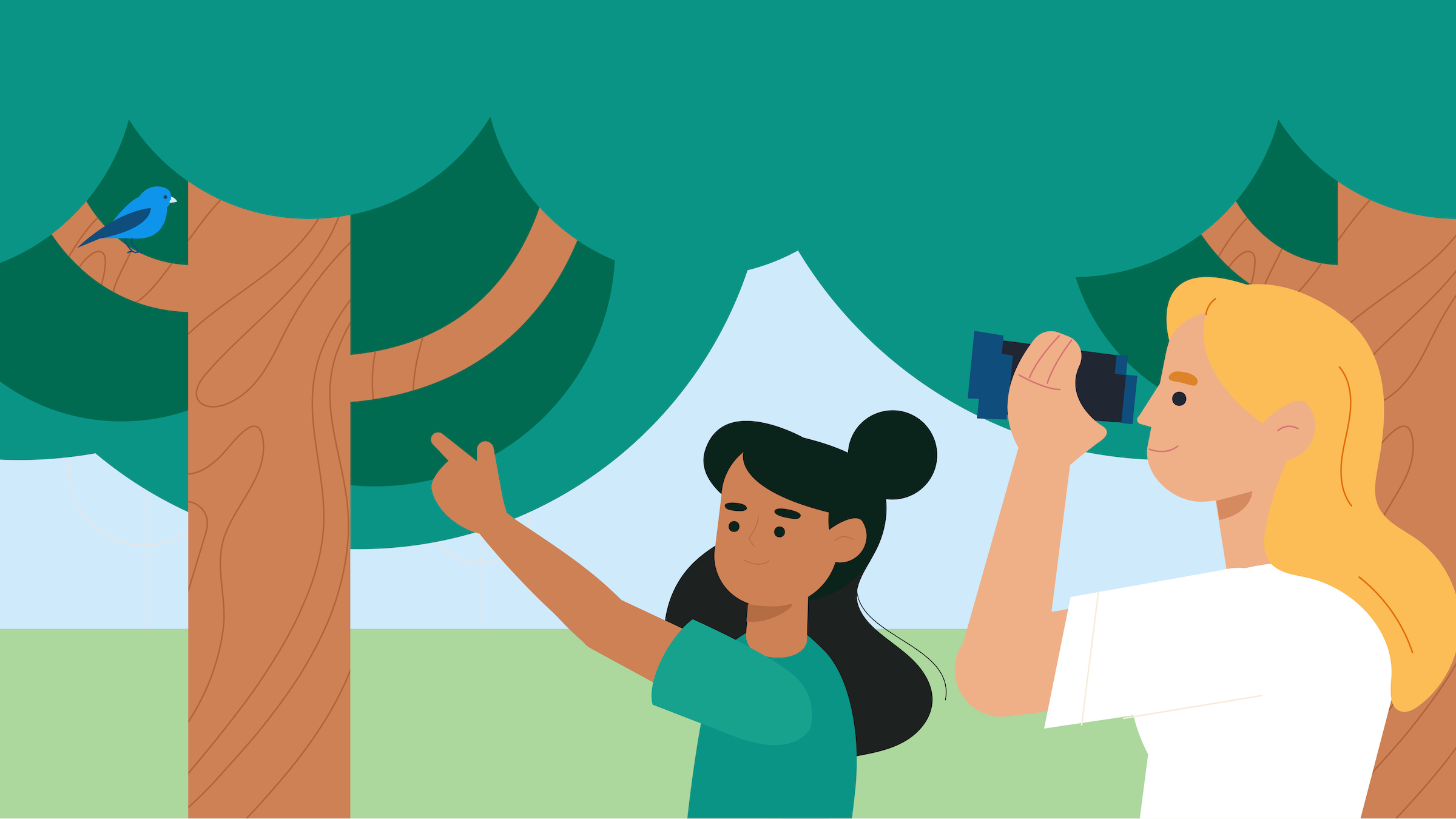 Illustrated scene of a parent and teen birdwatching together outdoors