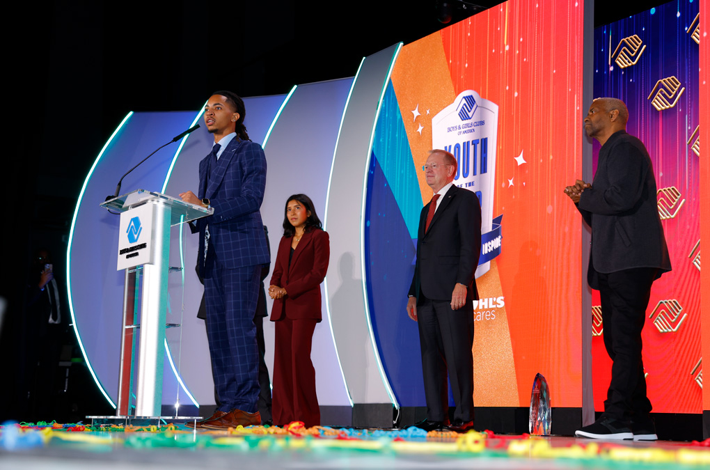 Nico F. of Boys &amp; Girls Clubs of Northeast Florida is joined on stage by Denzel Washington; Jim Clark, Boys &amp; Girls Clubs of America’s President and CEO; and others as he’s named the 2024 National Youth of the Year at Boys &amp; Girls Clubs of America’s National Youth of the Year celebration