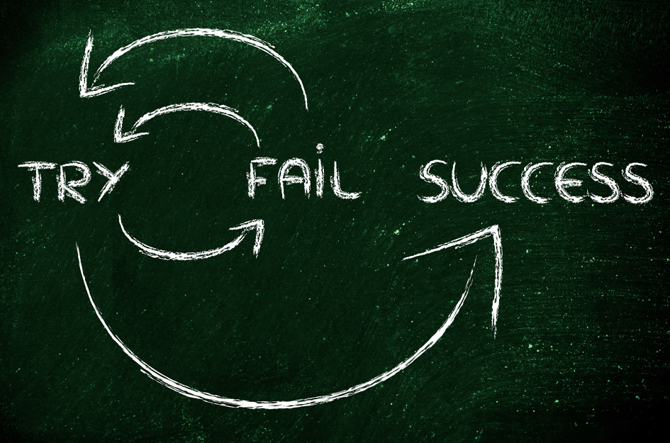 Chalkboard illustration showing the cycle from trying to failing, ultimately achieving success through persistence.