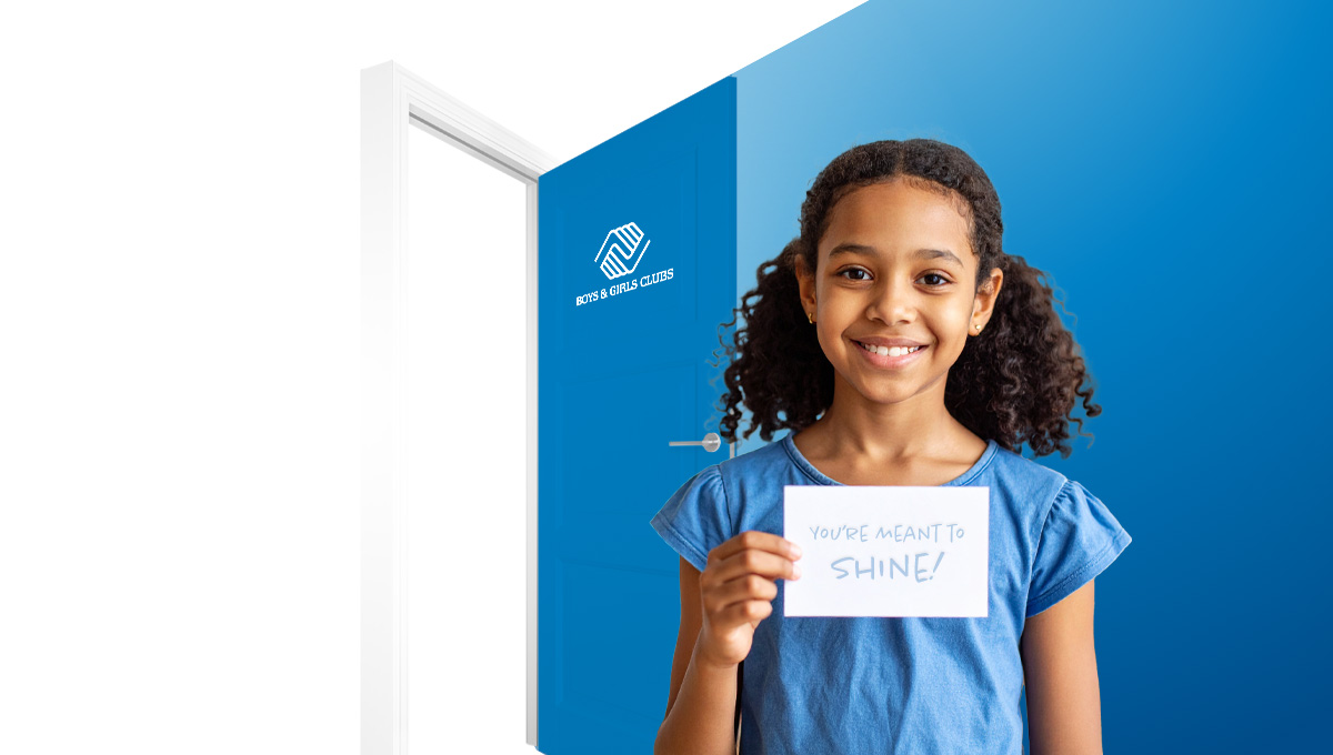Club Kid smiling with a note that says, "You're meant to shine!"