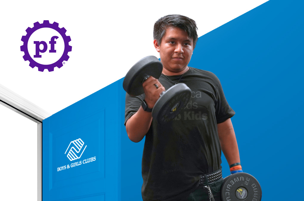 Teen boy with dumbbells with Planet Fitness logo